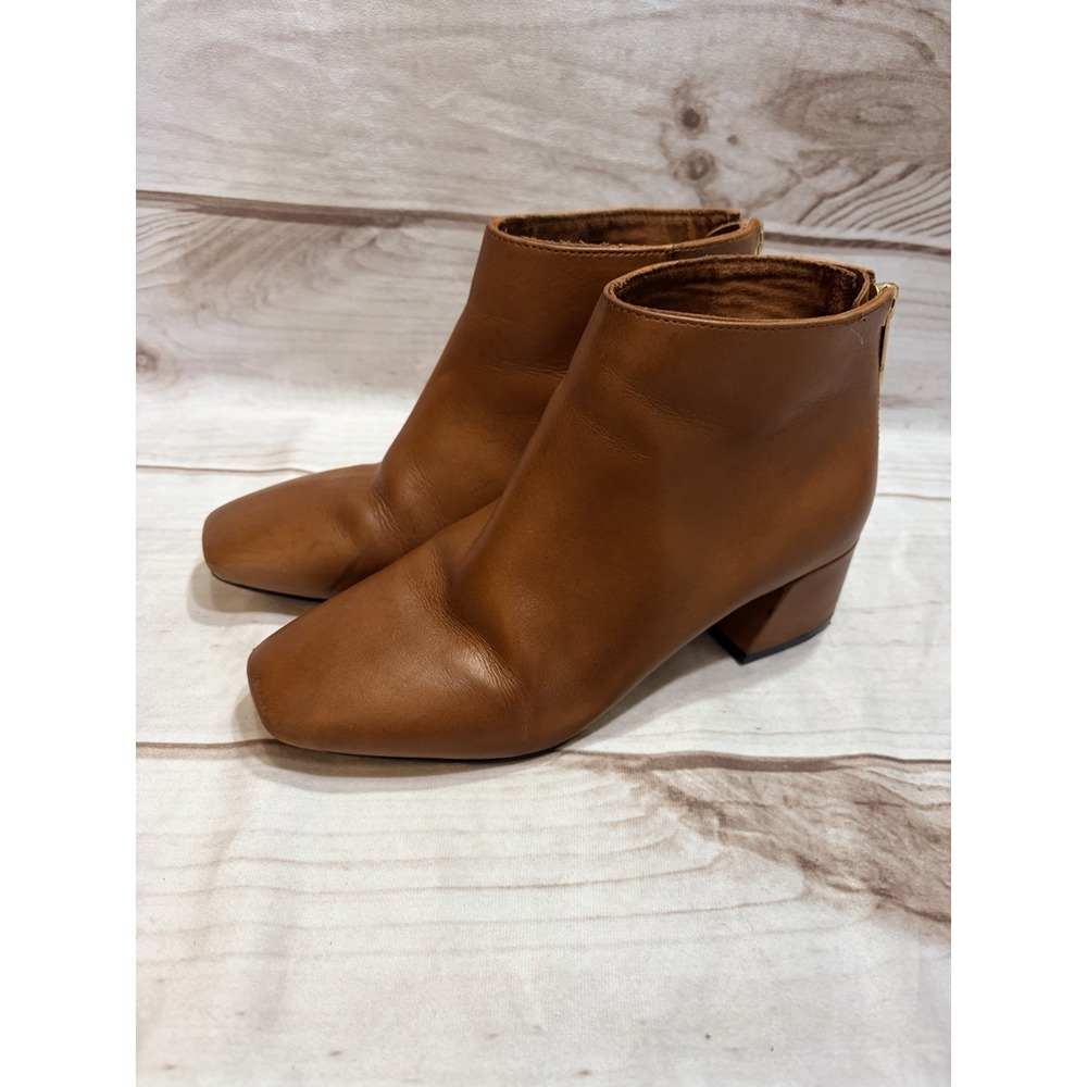 Karl Lagerfeld Paris Hayden Brown Leather Ankle Boots Square Toe Block Heel 8